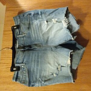 Womens Torrid denim shorts blue jean Cutoff raw hem rainbow back pocket sz 16